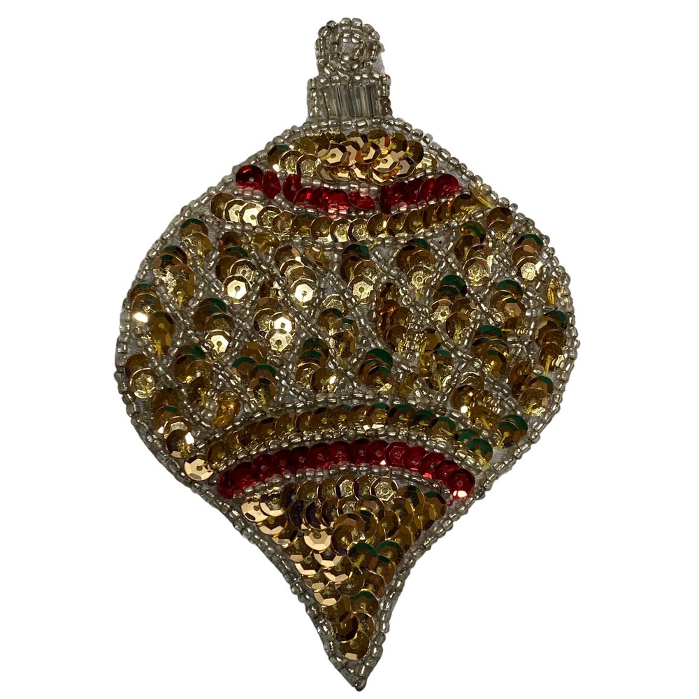 Vintage Sequined Beaded Christmas Tear Drop Ornament Hand Made Stocking Garments